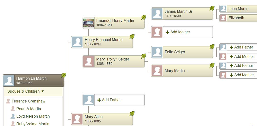 Harmon Martin Pedigree Family Tree
